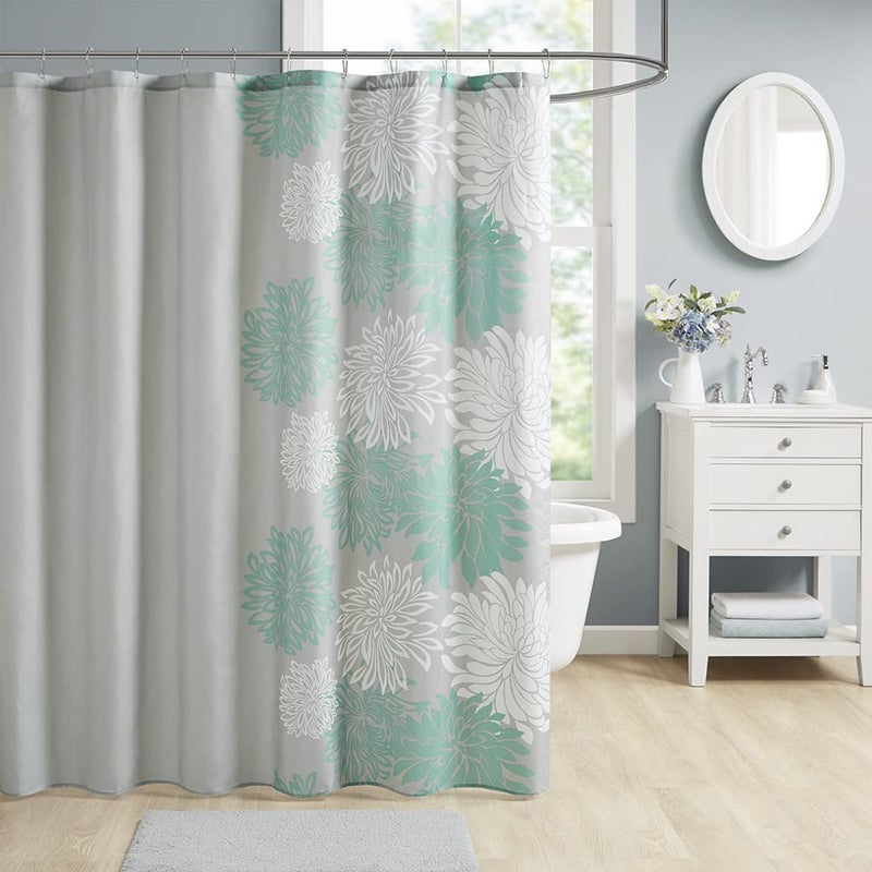 Comfort Spaces Enya Bathroom Shower Floral Printed Cute Chic Microfiber Fabric Bath Curtains, 72"x72", Aqua/Grey - Image 1
